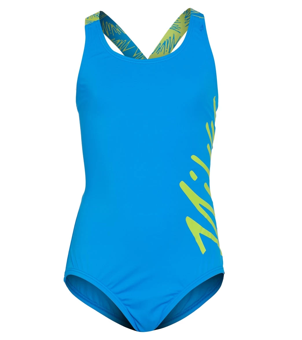 Nike Girls' Script Logo Crossback One Piece Swimsuit (Big Kid) 1 Nike Girls' Script Logo Crossback One Piece Swimsuit (Big Kid)