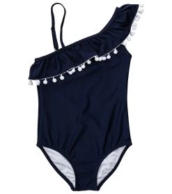 Girls' Navy One Shoulder Frill Swimsuit (Toddler, Little Kid, Big Kid)