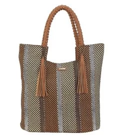 Striped Shoulder Tote W/ Faux Leather Tassels
